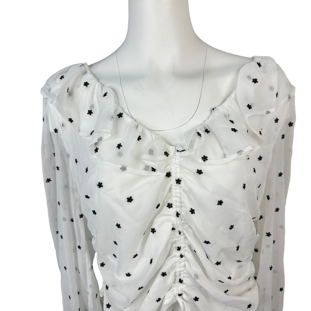NWT WAYF Liz Ruched Ruffle Neck White Blouse Small S - Picture 3 of 9